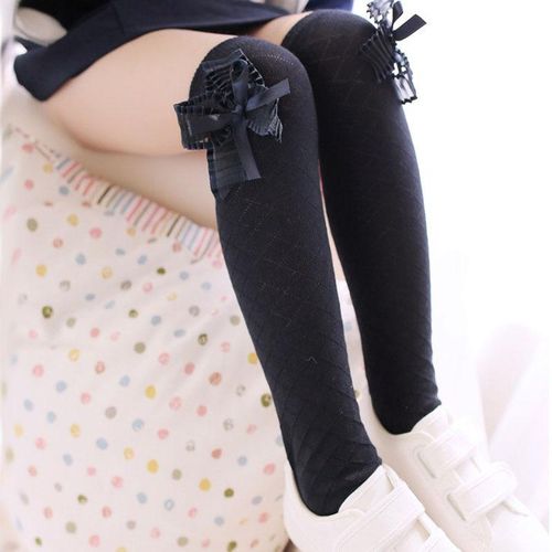 High Quality Girl Chic Kids Cotton Socks Tights School High Knee Gridding Bow Dance Stockings NO5277