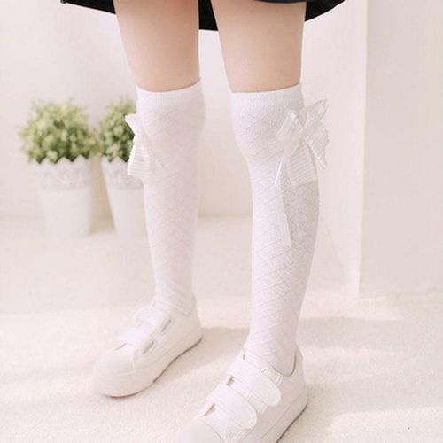 High Quality Girl Chic Kids Cotton Socks Tights School High Knee Gridding Bow Dance Stockings NO5277