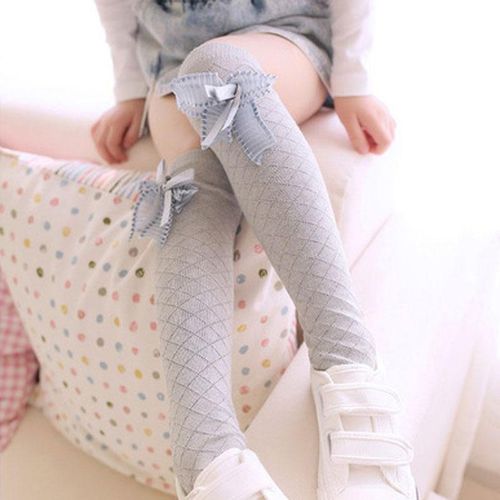 High Quality Girl Chic Kids Cotton Socks Tights School High Knee Gridding Bow Dance Stockings NO5277