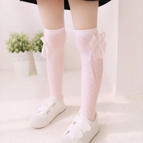 High Quality Girl Chic Kids Cotton Socks Tights School High Knee Gridding Bow Dance Stockings NO5277