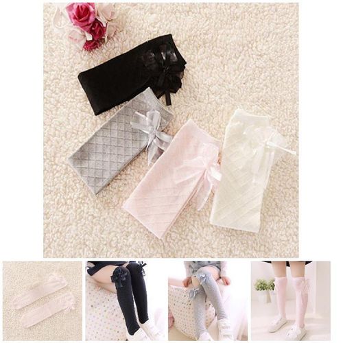 High Quality Girl Chic Kids Cotton Socks Tights School High Knee Gridding Bow Dance Stockings NO5277