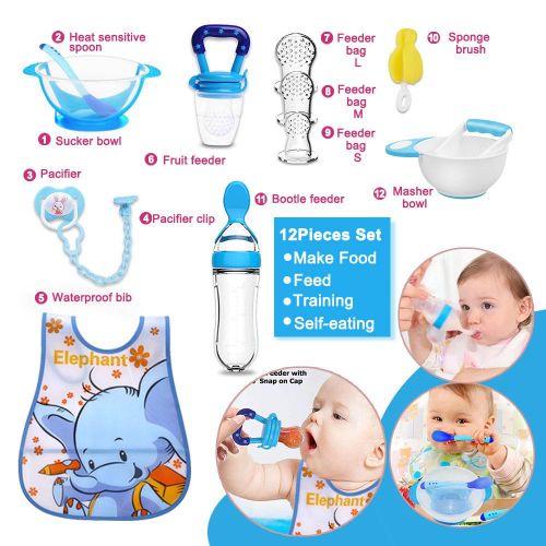 Bimirth All-in-one Blue 12pcs Baby Pureed Food Masher Maker Silicone Bottle Feeder Fruit Pacifier Feeder Utensils Solid Feeding Starter Tools
