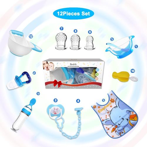 Bimirth All-in-one Blue 12pcs Baby Pureed Food Masher Maker Silicone Bottle Feeder Fruit Pacifier Feeder Utensils Solid Feeding Starter Tools
