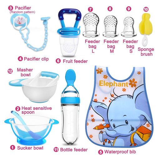 Bimirth All-in-one Blue 12pcs Baby Pureed Food Masher Maker Silicone Bottle Feeder Fruit Pacifier Feeder Utensils Solid Feeding Starter Tools