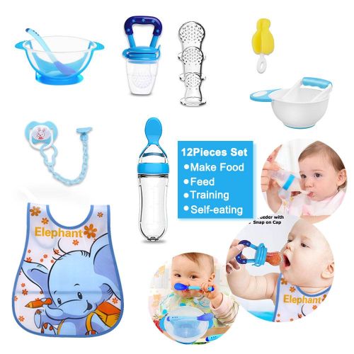 Bimirth All-in-one Blue 12pcs Baby Pureed Food Masher Maker Silicone Bottle Feeder Fruit Pacifier Feeder Utensils Solid Feeding Starter Tools