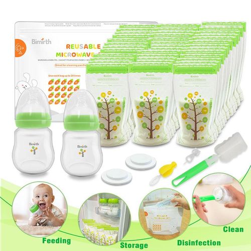 Bimirth Multi-functional Green Wide Mouth Baby Feeding Bottles Breastmilk Storage bags Bottle Microwave Steam Bag Combo Set