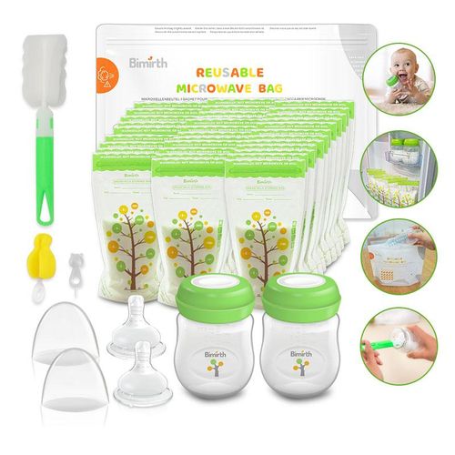 Bimirth Multi-functional Green Wide Mouth Baby Feeding Bottles Breastmilk Storage bags Bottle Microwave Steam Bag Combo Set