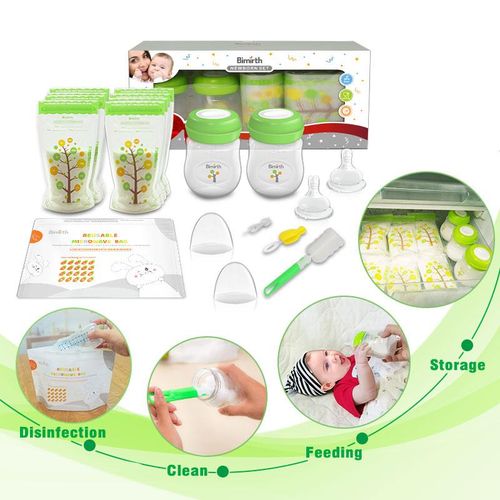 Bimirth Multi-functional Green Wide Mouth Baby Feeding Bottles Breastmilk Storage bags Bottle Microwave Steam Bag Combo Set