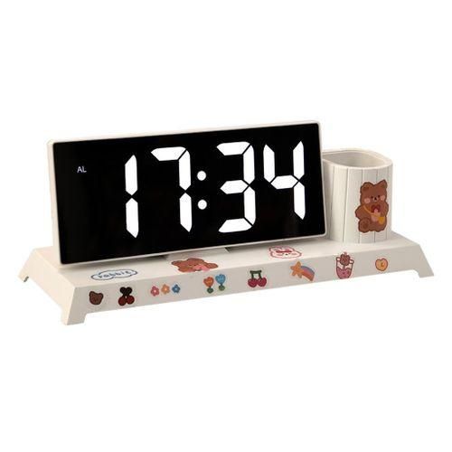 Electronic Digital Clock Pen Holder Date For Bedroom Table White