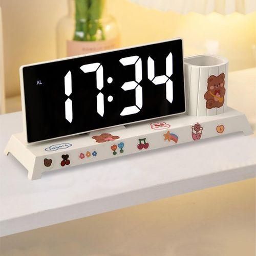 Electronic Digital Clock Pen Holder Date For Bedroom Table White