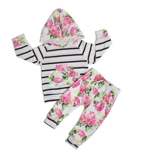 2 Pcs/Set Fashion Baby Long Sleeve Tops + Pants Striped Flowers Kid Shirt With Hat Trousers Children Clothes For 1-3 Years Girls,80 NO5119