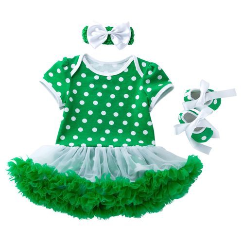 3Pcs Set Fashion Sts. Patrick's Short Sleeve Green Polkas Dot Dress For 0-2 Years Baby Kids,Style I NO5116