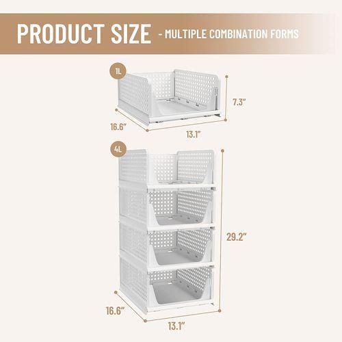 Stackable Plastic Storage Basket Closet Organizer Drawer Shelf Bins 4pack Plastic