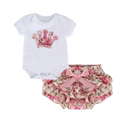 New Fashion Summer Girl 2 Piece Set Romper Short Sleeve Crown Printed Infant Baby Jumpsuit Floral Skirt Suit For 0-1 Year,M NO5114