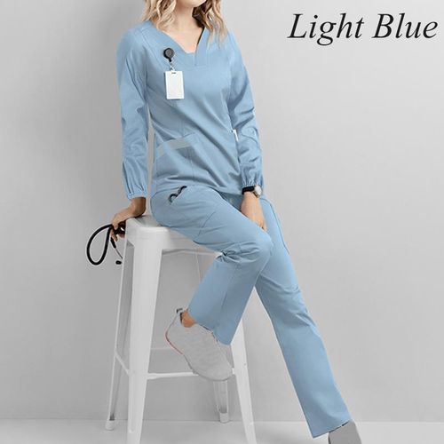 Unisex Quick Dry Solid Color V-neck Long Sleeve Scrubs Set With Pocket Nurse Working Uniform
