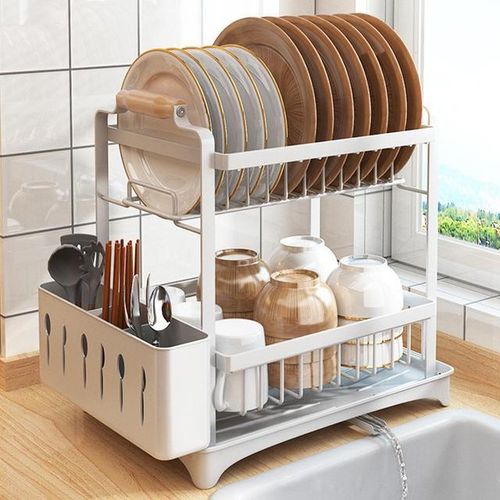 2 Tier Kitchen Storage Rack Dish Drainer Home Plate Bowl Chopsticks Storage Shelf Utensil Holder