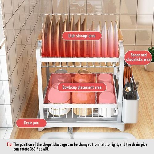 2 Tier Kitchen Storage Rack Dish Drainer Home Plate Bowl Chopsticks Storage Shelf Utensil Holder