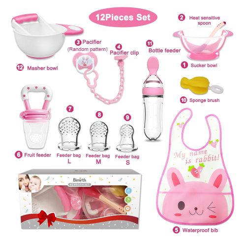 Bimirth All-in-one Pink 12pcs Baby Pureed Food Masher Maker Silicone Bottle Feeder Fruit Pacifier Feeder Utensils Solid Feeding Starter Tools