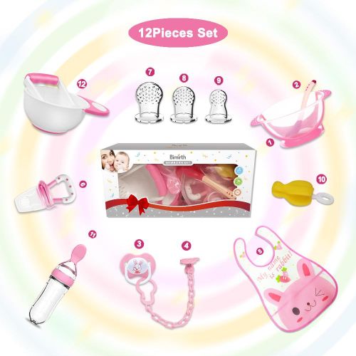 Bimirth All-in-one Pink 12pcs Baby Pureed Food Masher Maker Silicone Bottle Feeder Fruit Pacifier Feeder Utensils Solid Feeding Starter Tools
