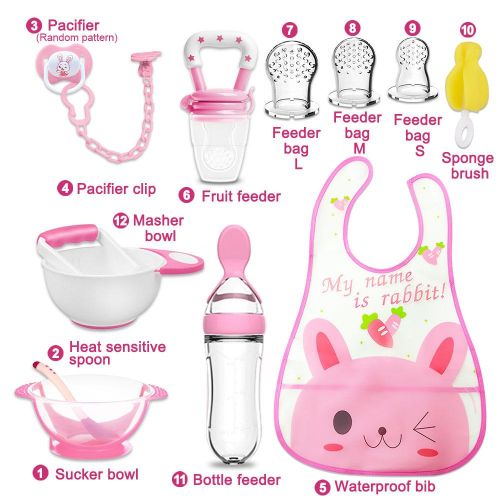 Bimirth All-in-one Pink 12pcs Baby Pureed Food Masher Maker Silicone Bottle Feeder Fruit Pacifier Feeder Utensils Solid Feeding Starter Tools