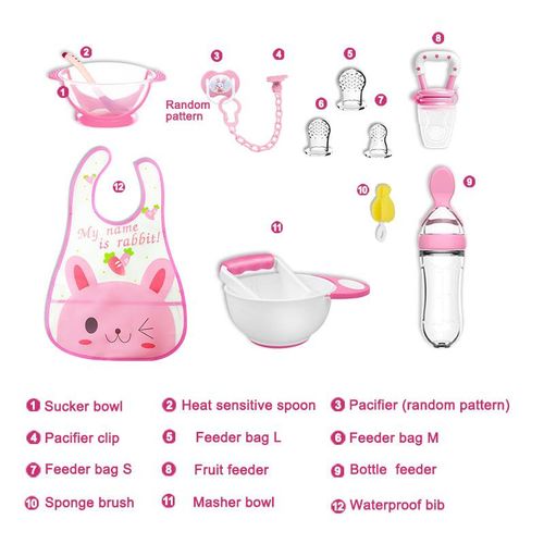 Bimirth All-in-one Pink 12pcs Baby Pureed Food Masher Maker Silicone Bottle Feeder Fruit Pacifier Feeder Utensils Solid Feeding Starter Tools