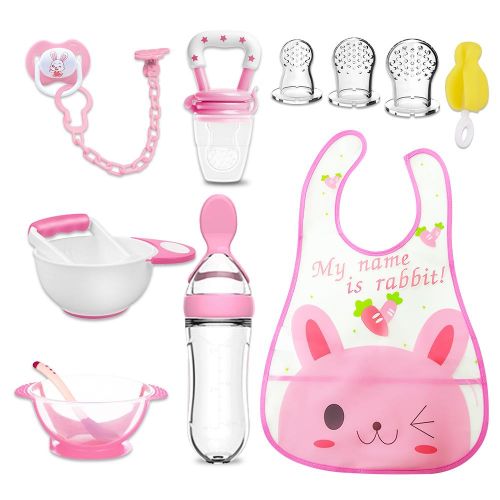 Bimirth All-in-one Pink 12pcs Baby Pureed Food Masher Maker Silicone Bottle Feeder Fruit Pacifier Feeder Utensils Solid Feeding Starter Tools