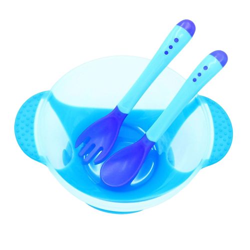 PP Baby Feeding Set 3 Pack Double Ear Suction Cup Bowl Suitable for Children Baby Toddler,Blue NO5235