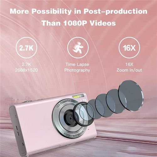 Digital Camera with Auto Focus  2.7K 48MP Vlogging Camera with 2.8 Inch Large Screen Stylish Camera for Teens-Pink