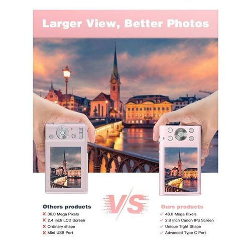 Digital Camera with Auto Focus  2.7K 48MP Vlogging Camera with 2.8 Inch Large Screen Stylish Camera for Teens-Pink