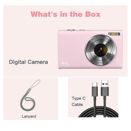 Digital Camera with Auto Focus  2.7K 48MP Vlogging Camera with 2.8 Inch Large Screen Stylish Camera for Teens-Pink