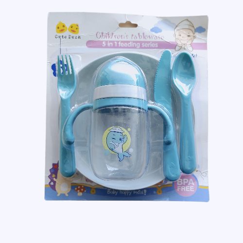 5-in-1 Baby Feeding Set Plate, Cup, Fork, Knife & Spoon &ndash;  Multicolor