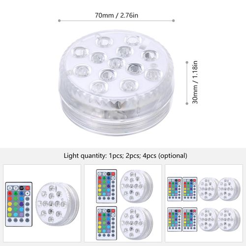 Submersible Pool Light with IR Remote Dimmable 13pcs RGBW LEDs Pond Fountain Lamp 16 Colors & 4 Lighting Modes Timer Function IP68 Waterproof Underwater Light 3 * AAA Battery(not included) Powered NO5124