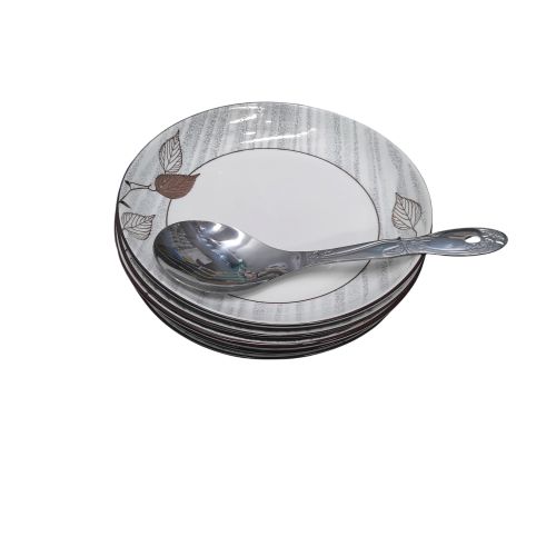 Set of 6 Leaf Design Dinner Plates + A Serving Spoon- Coffee Brown, Black  Silver
