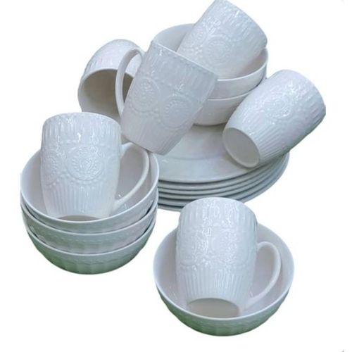 Dinner Set of 6 Cups,  6 Bowls + 6 Plates- white Cream