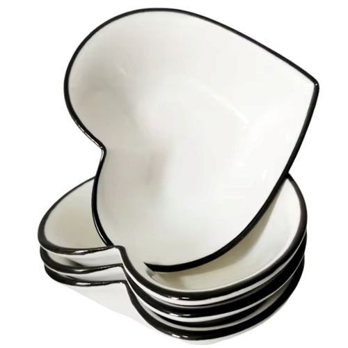 6ps of Heart(LOVE) Shaped Sauce and Salad Bowls with a Black Line Design- Cream  White