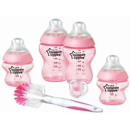 tommee tippee Closer to Nature Newborn Baby Starter Set, Anti-Colic, BPA-Free with Breast-Like Silicone Teat - 2 x 150ml & 2 x 260ml Baby Bottle, Soother, Bottle & Cleaning Brush - 0+ Months, Pink
