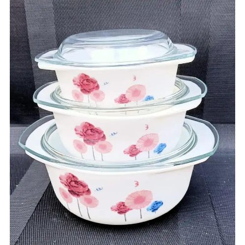 3 Pieces Of Serving Heat Resistant Flowered Glass Dishes With Clear Cover Microwave Safe And Dish Washer Safe Serving  Dishes Floral Design May Vary