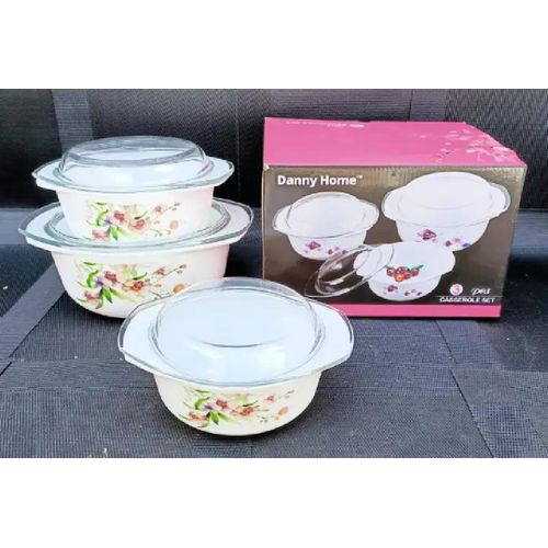 3 Pieces Of Serving Heat Resistant Flowered Glass Dishes With Clear Cover Microwave Safe And Dish Washer Safe Serving  Dishes Floral Design May Vary