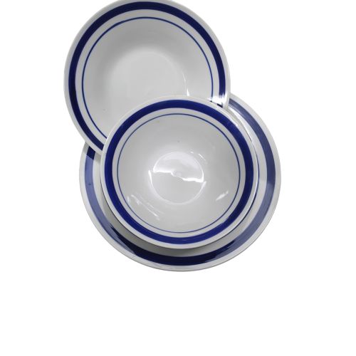 Set of 18pcs Blue Line Design Ceramic Plates Bowels and Side Plates