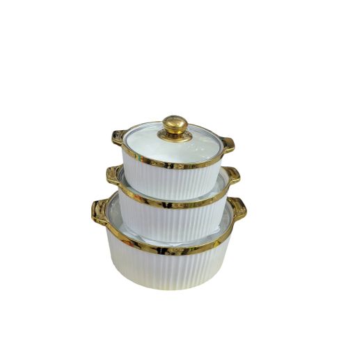 3pcs of  Gold Line Design Serving Dishes-Cream Gold