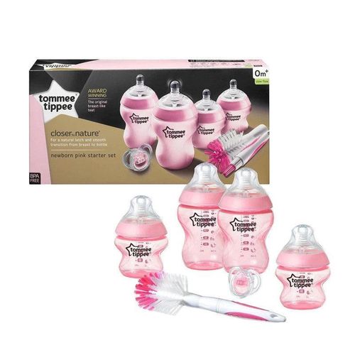 tommee tippee Newborn Baby Starter Set, Anti-Colic, BPA-Free with Breast-like Silicone Teat, 2 x 150 ml & 2 x 260 ml Baby Bottle, Bottle & Cleaning Brush, 0+ Month, Pink