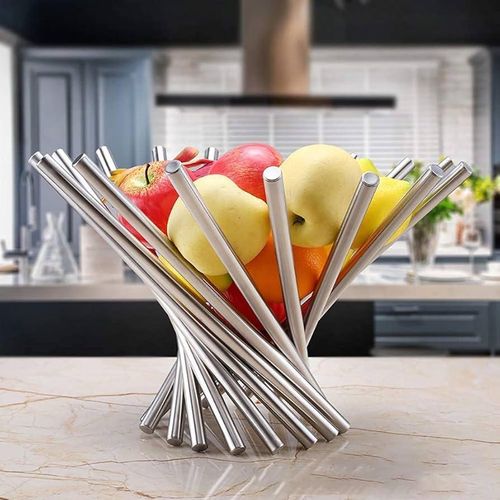 Creativity Stainless Steel Fruit Basket Foldable Rotation Fruit Stand Bowl Fruit Stand For Fruits Vegetables Or Bread Silver
