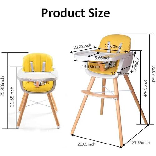 Baby High Chair, Perfect 3 in 1 Convertible Wooden High Chair with Cushion, Removable Tray, and Adjustable Legs for Baby & Toddler