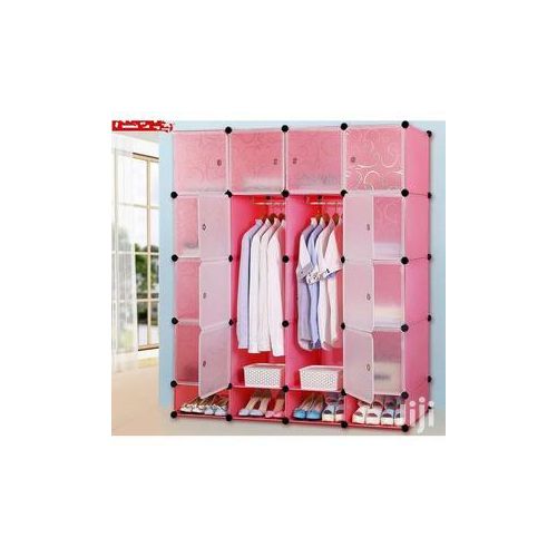 4 Column Elegant Plastic Wardrobe With Shoe Storage Not Assembled - Pink