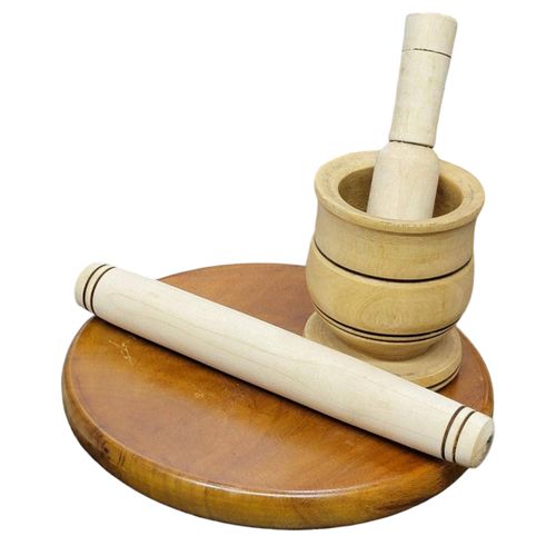 Quality Chapati Maker and Rolling Pin + A wooden Grinding  Mortar- Brown