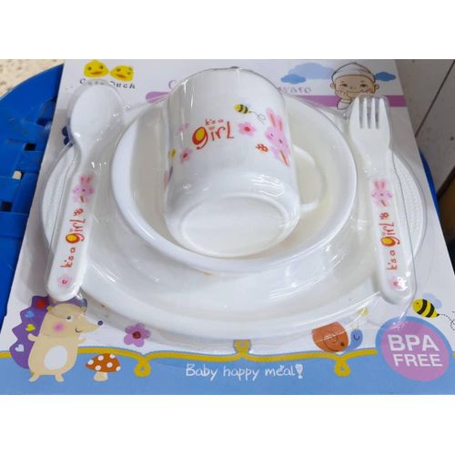 6pc Set Baby Feeding Plate Bowl Cup Plate Fork Spoon-Cream