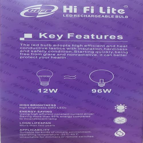 Hi Fi Original Longlasting High Brightness LED 12Watt Rechargeable Light Bulb  -White