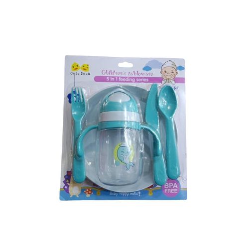 4Pc Baby Feeding Plate Bowl, Spoon Fork-Cream