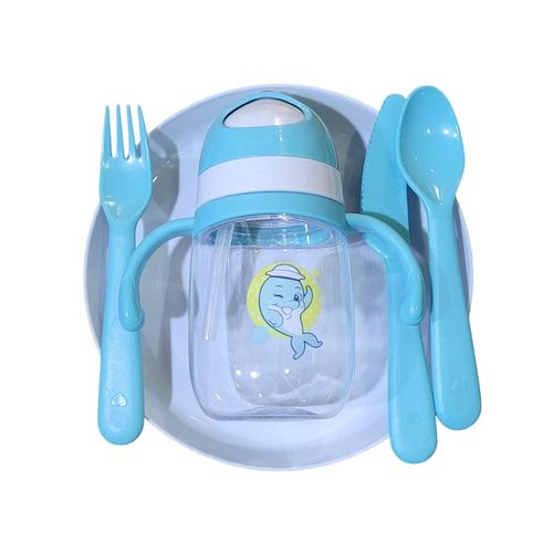 4Pc Baby Feeding Plate Bowl, Spoon Fork-Cream