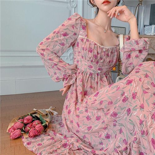 2022 French Retro Square Neck Long Sleeves Waist Thin Pearl Button Rose Floral Dress Photo Color L
